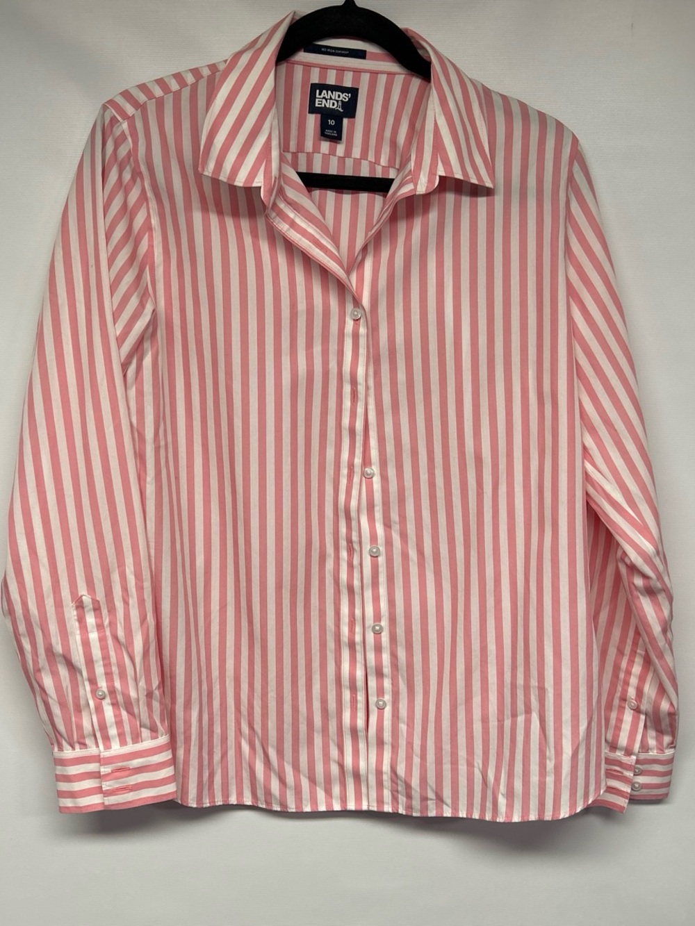 Lands' End Women's Pink and White Stripe Button-Down Shirt